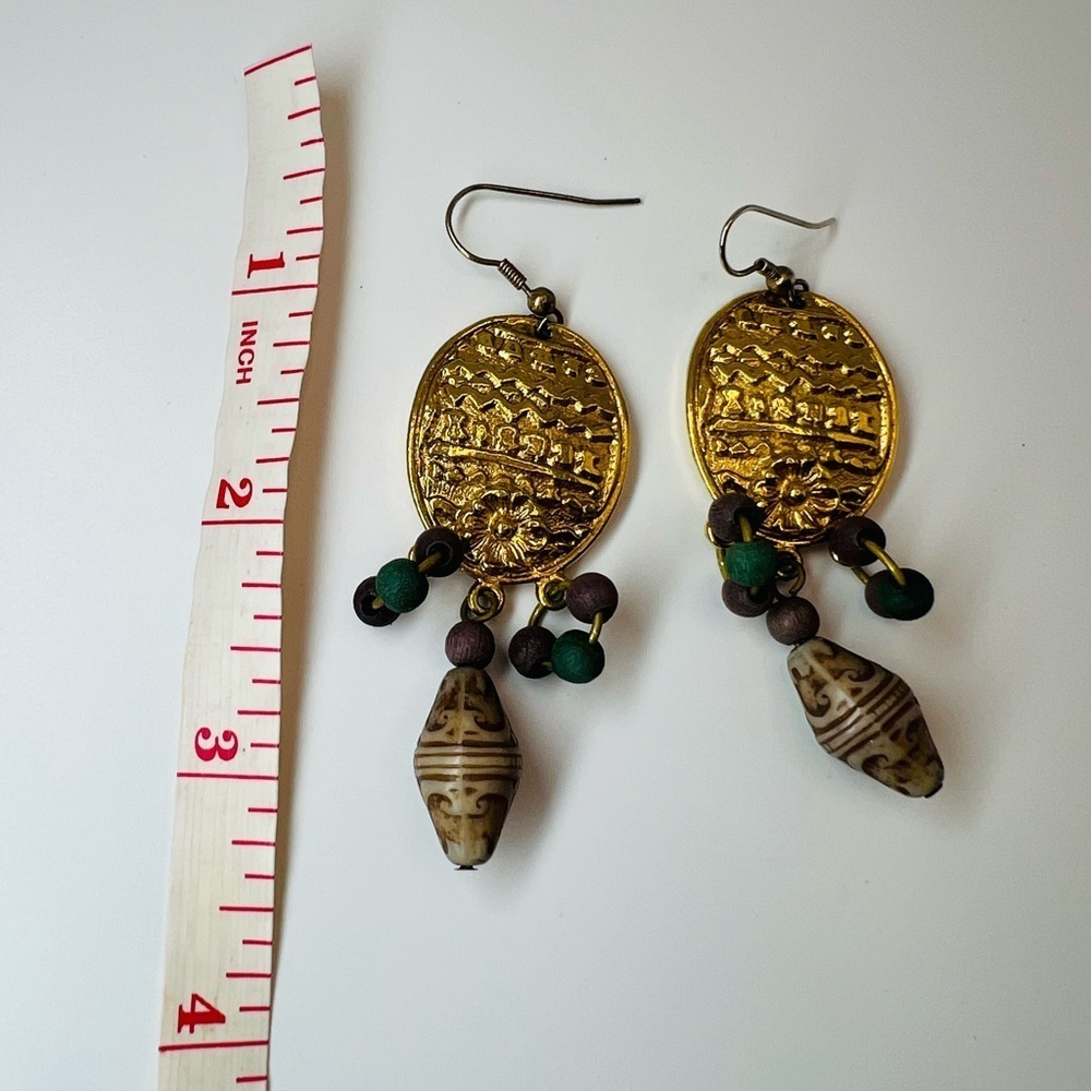 Vintage Gold Tone Beaded Dangle Earrings Ethnic Boho Style - Picture 2 of 3